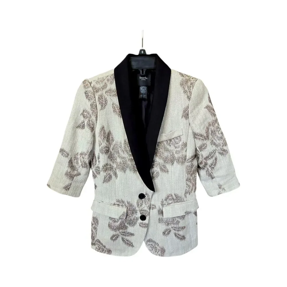 Smythe Tan Metallic Glitter Rose Contrast Lapel Wool Linen‎ Blend Blazer Size 4